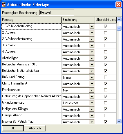 Einstellung automatischer Feiertage