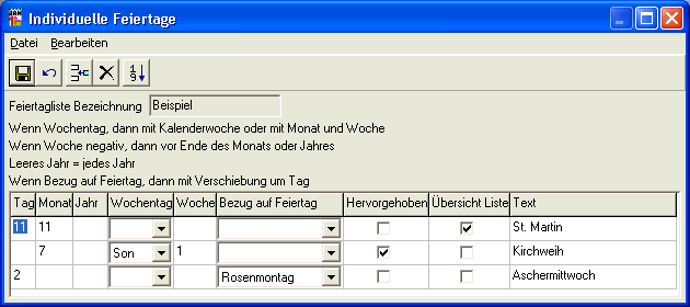 Einstellung individueller Feiertage